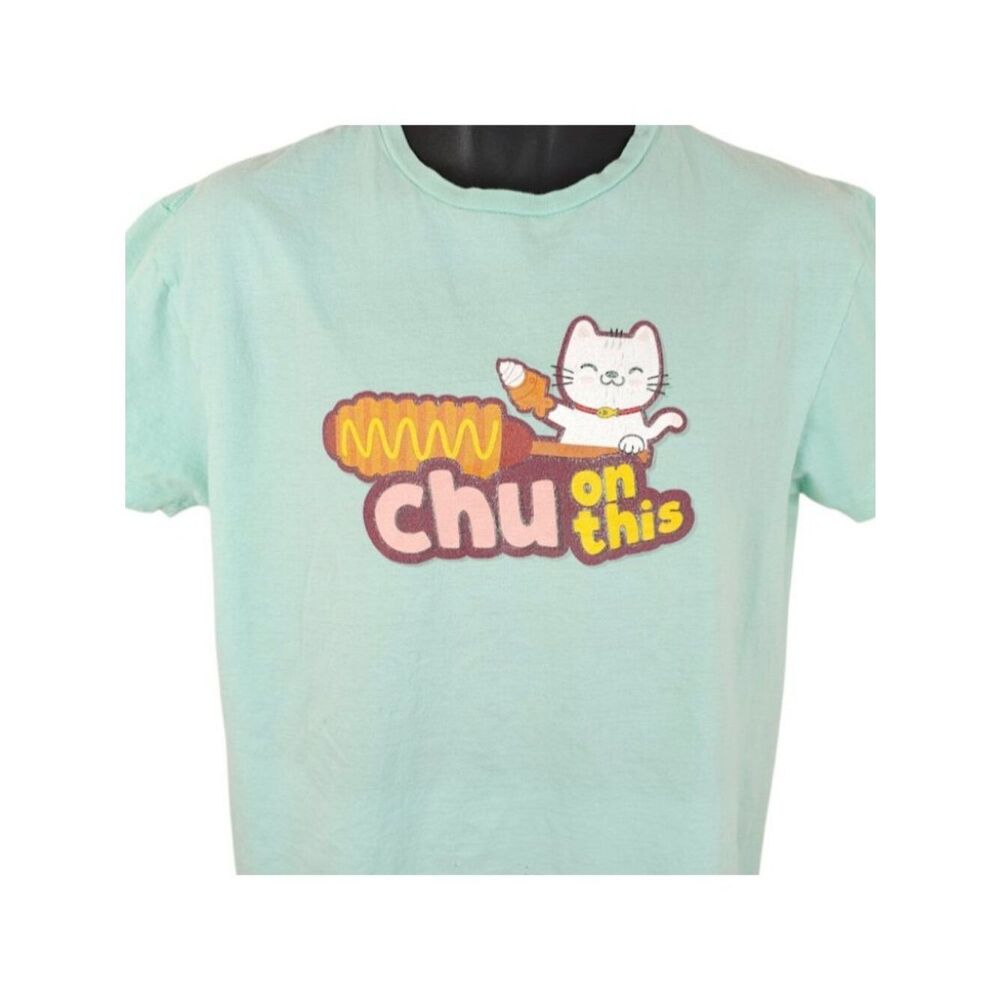 Kawaii Cat T Shirt Mens Size Large Blue Chu On This Corn Dog Snack Tee